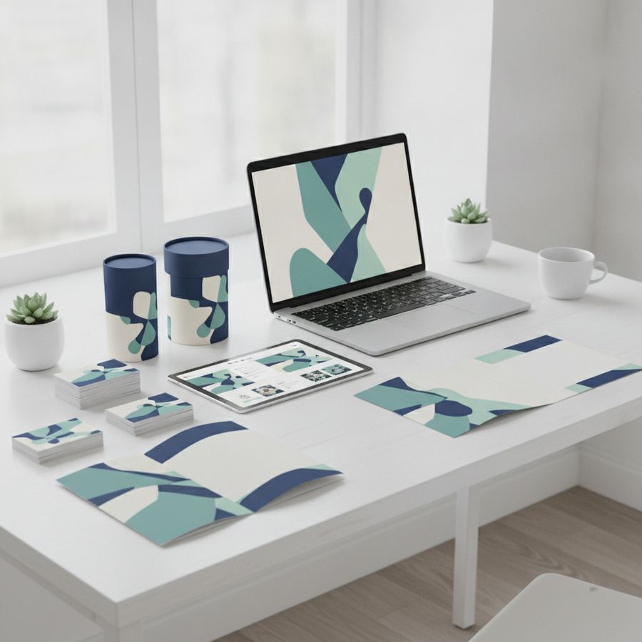 Coordinated branded materials on a desk with matching colors across print and digital screens.