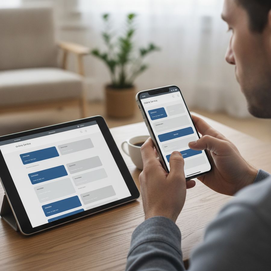 Person uses a smartphone beside a tablet, comparing responsive website layouts in bright light.