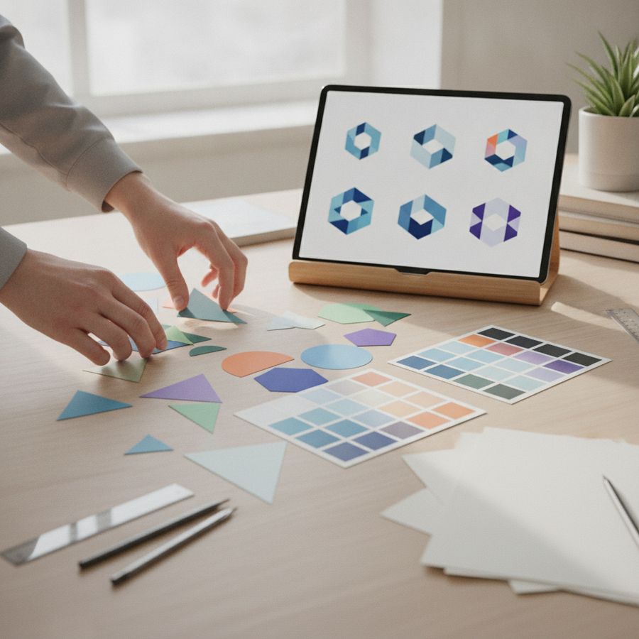 Mani che dispongono forme geometriche e palette colori su una scrivania luminosa.