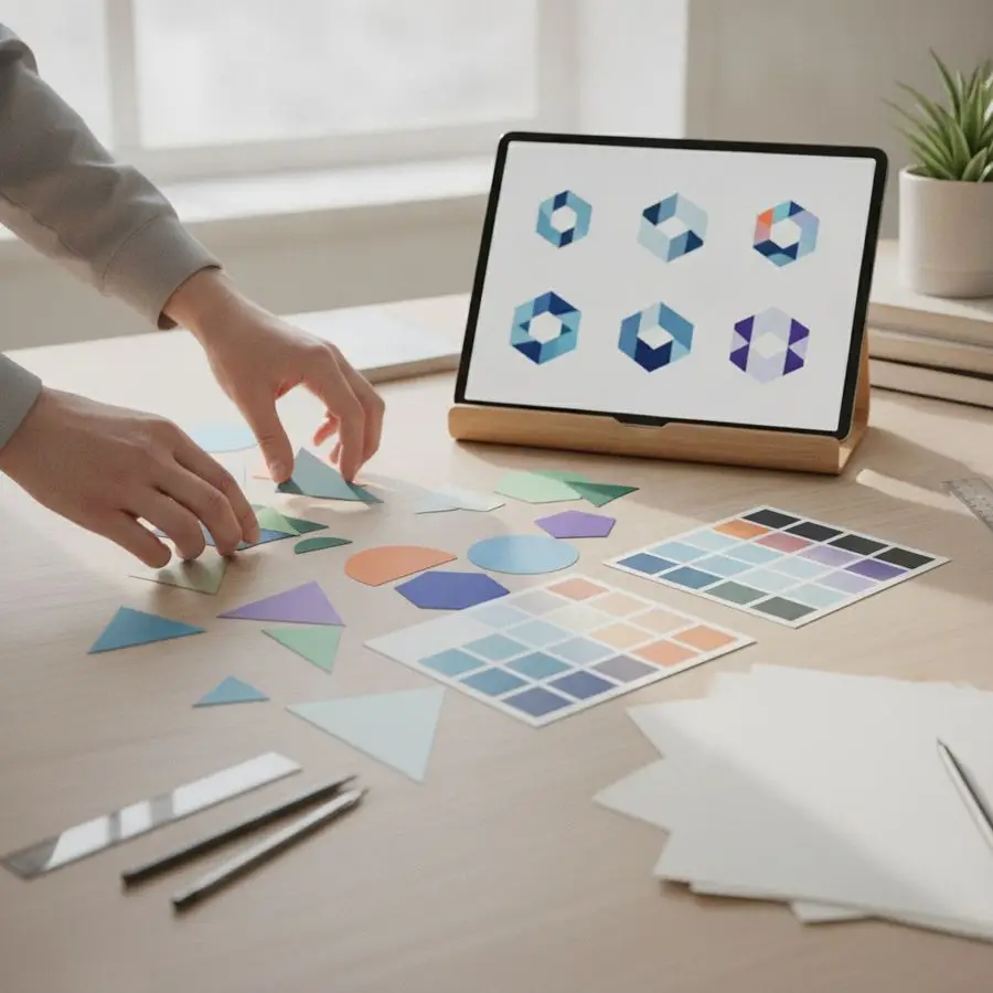 Mani che dispongono forme geometriche e palette colori su una scrivania luminosa.