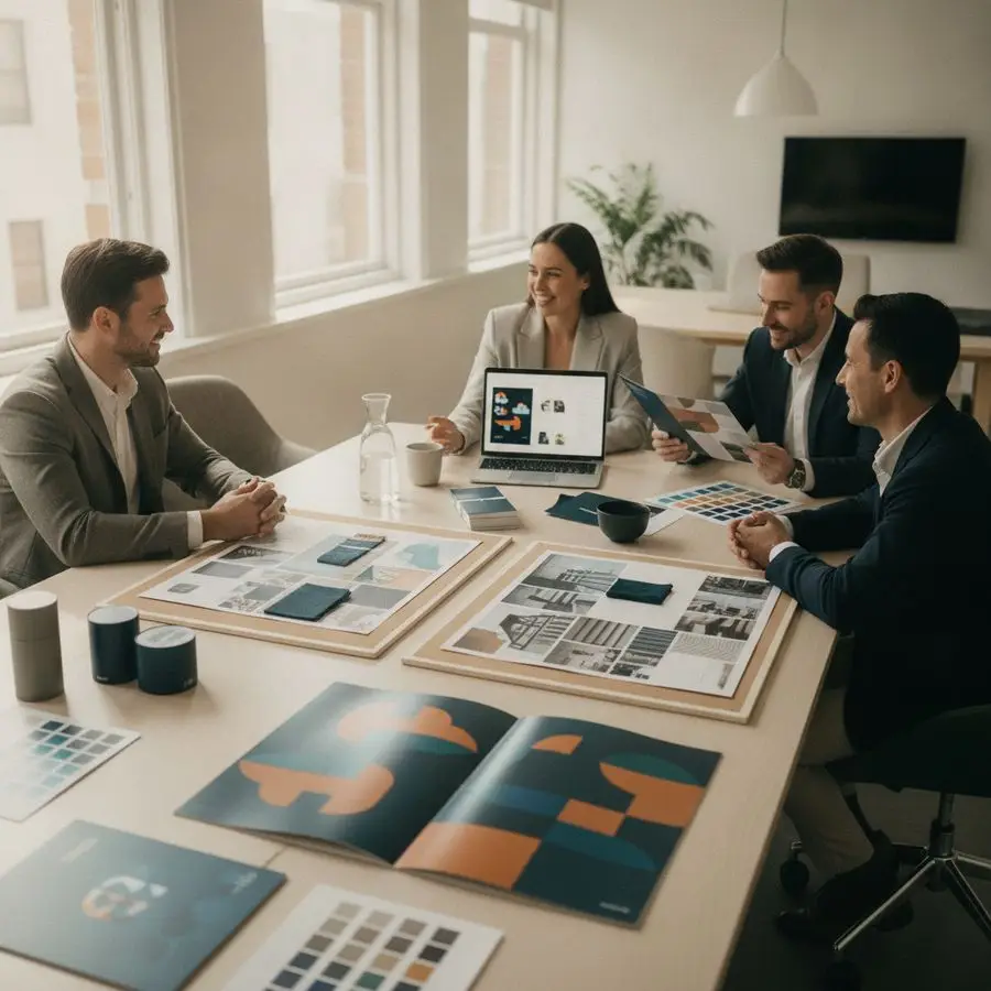 Team in ufficio osserva brochure, palette colori e layout digitali su tavolo e laptop luminosi.