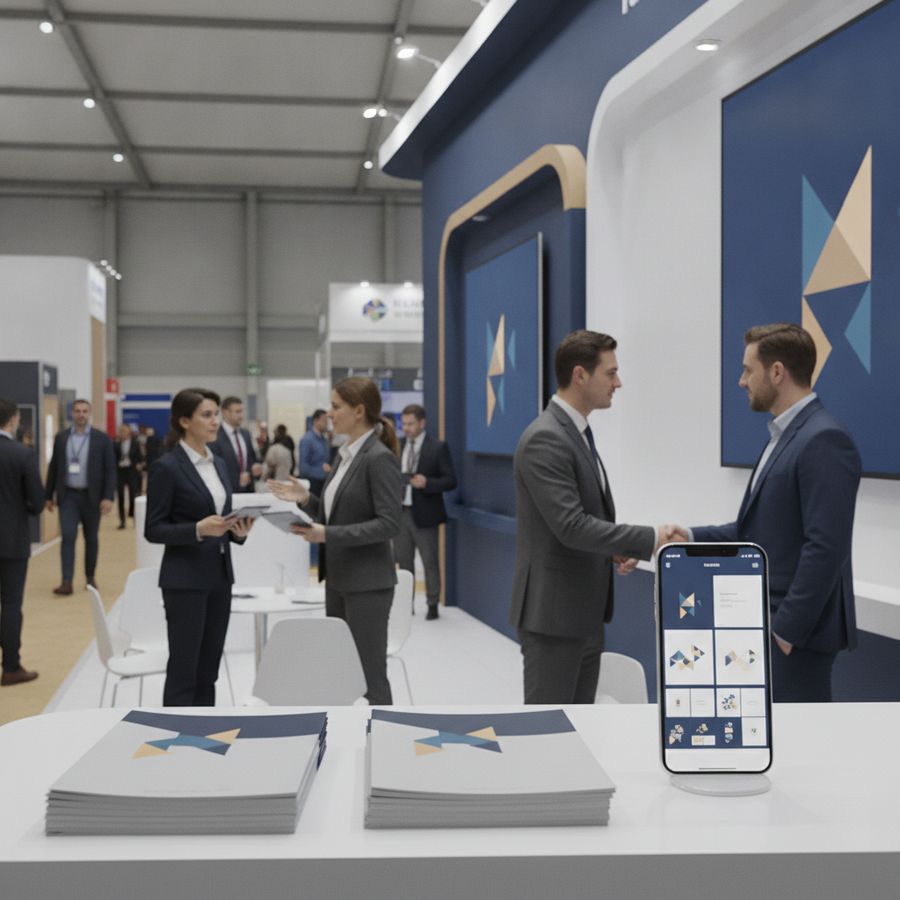 Stand fieristico moderno con brochure su banco e smartphone con layout visivi coordinati senza testo.