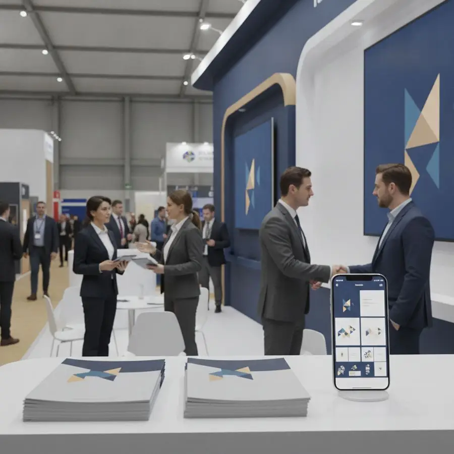 Stand fieristico moderno con brochure su banco e smartphone con layout visivi coordinati senza testo.