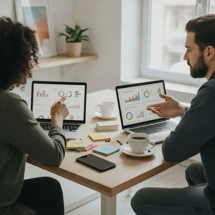 Two marketers review a laptop dashboard in a bright small office with notes and coffee on the desk.