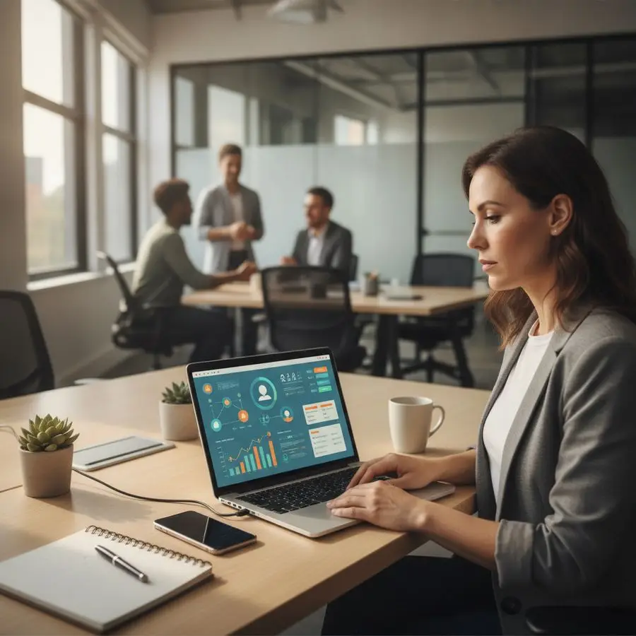 Marketer at a bright desk reviewing campaign dashboards and content on a laptop in a modern office.