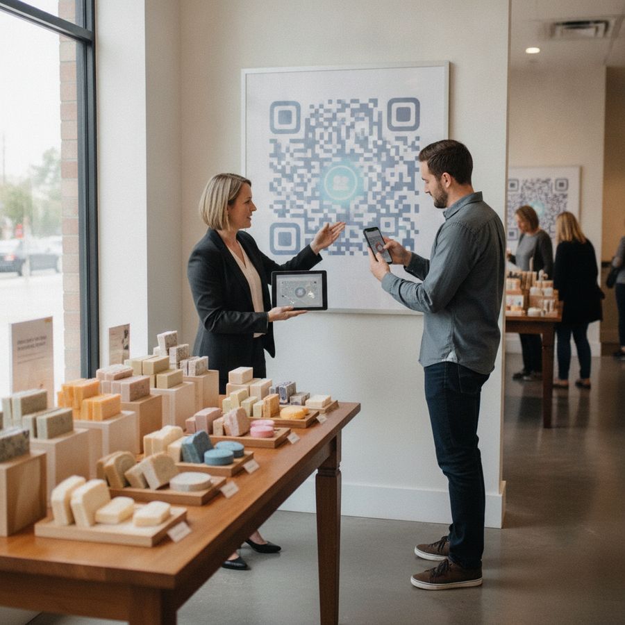 Manager and customer in a bright showroom using tablet, poster and smartphone together.