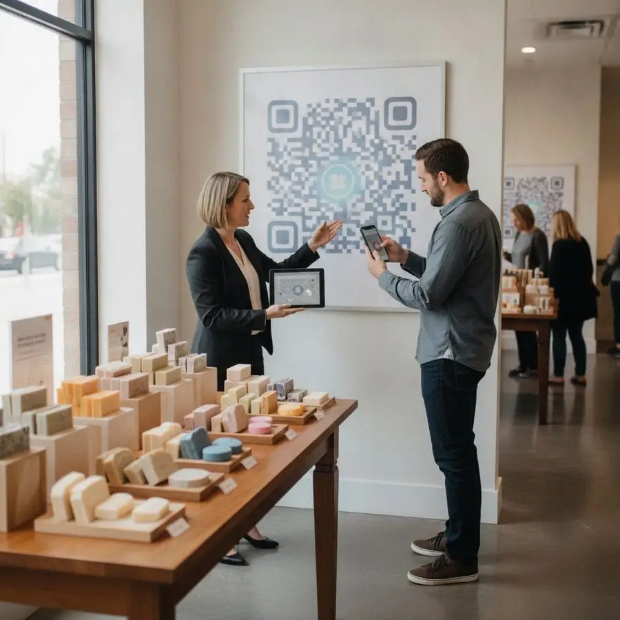 Manager and customer in a bright showroom using tablet, poster and smartphone together.