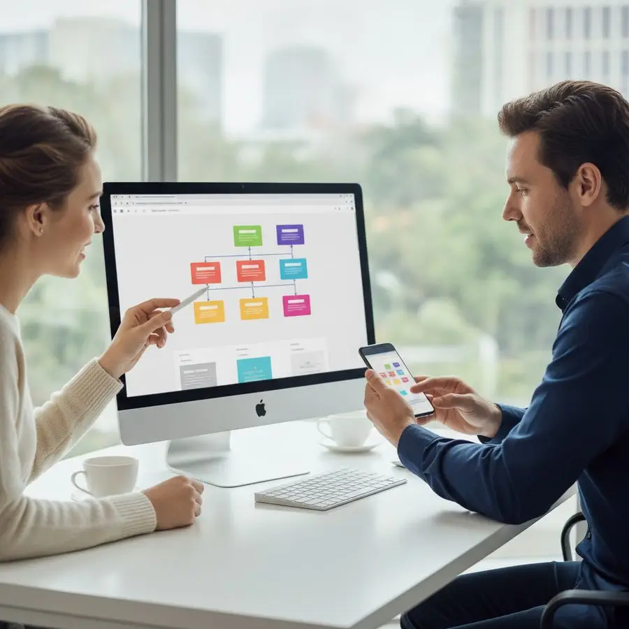 Designer and client review webpage layouts on a monitor and phone in a bright office.