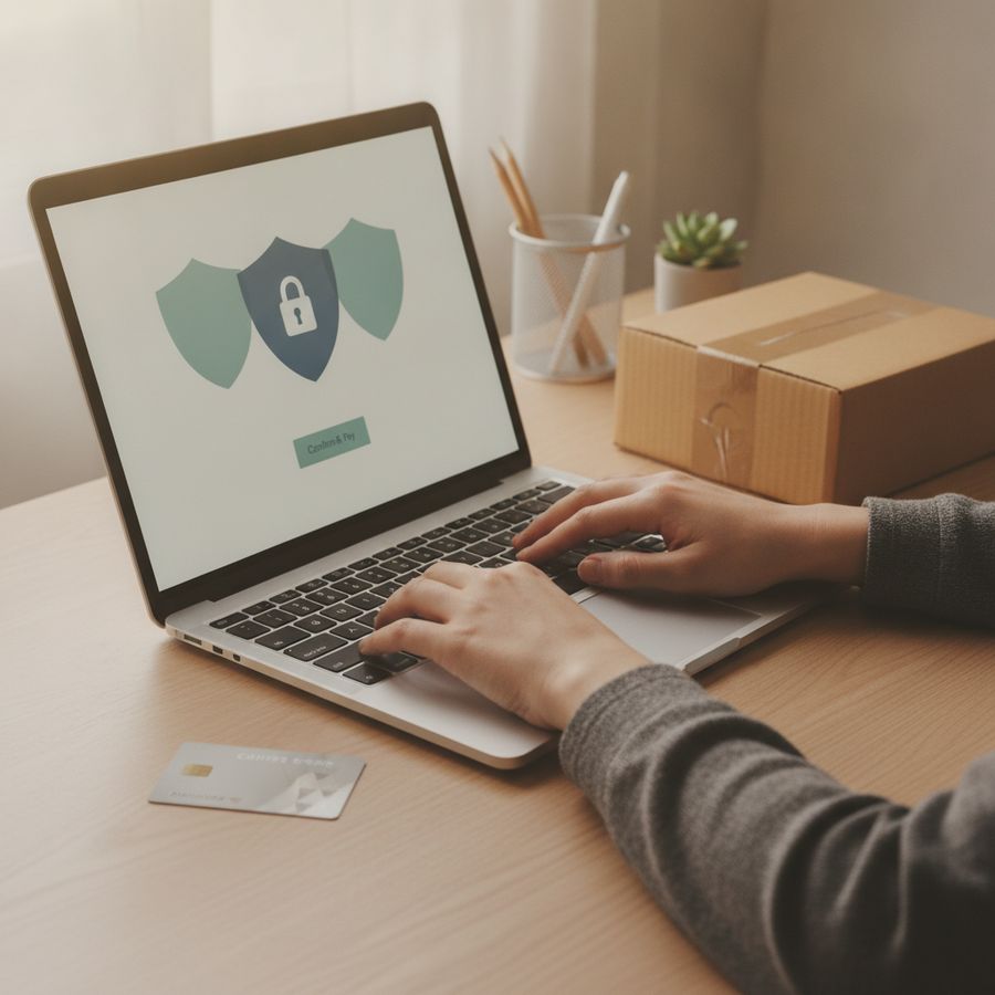 Hands complete an online purchase on a laptop beside a package and payment card in soft light.