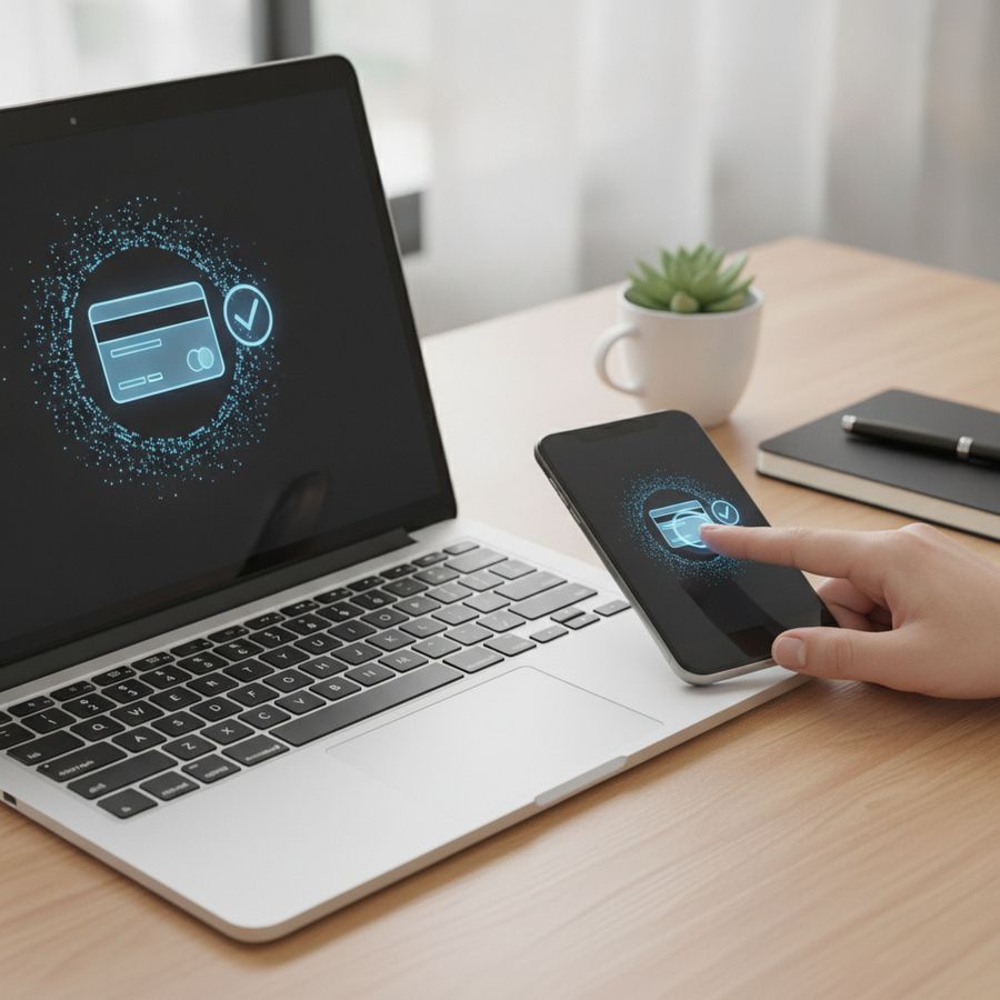 Scrivania moderna con smartphone e laptop durante pagamento online, mano pronta a completare l'acquisto.