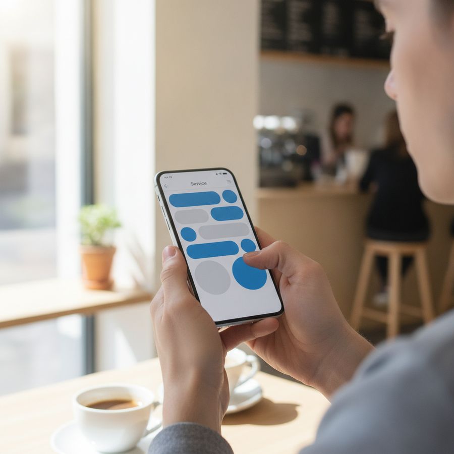 Person uses a smartphone to browse a clean service website in a well-lit cafe.