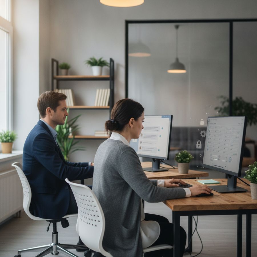 A small team reviews chatbot responses and privacy settings in a calm, well-lit office.
