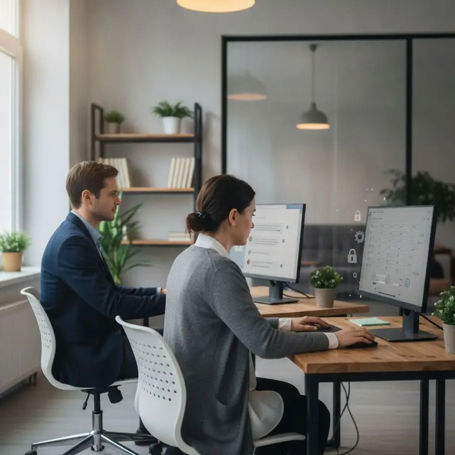 A small team reviews chatbot responses and privacy settings in a calm, well-lit office.