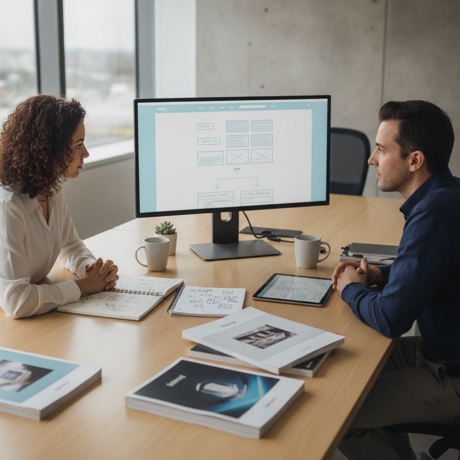 Designer and strategist planning website layouts on a monitor in a bright office with notes and devices.