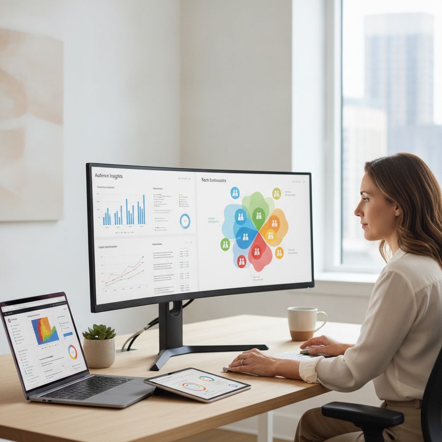 Professional reviewing charts and grouped audience visuals on screens in a bright office setting.