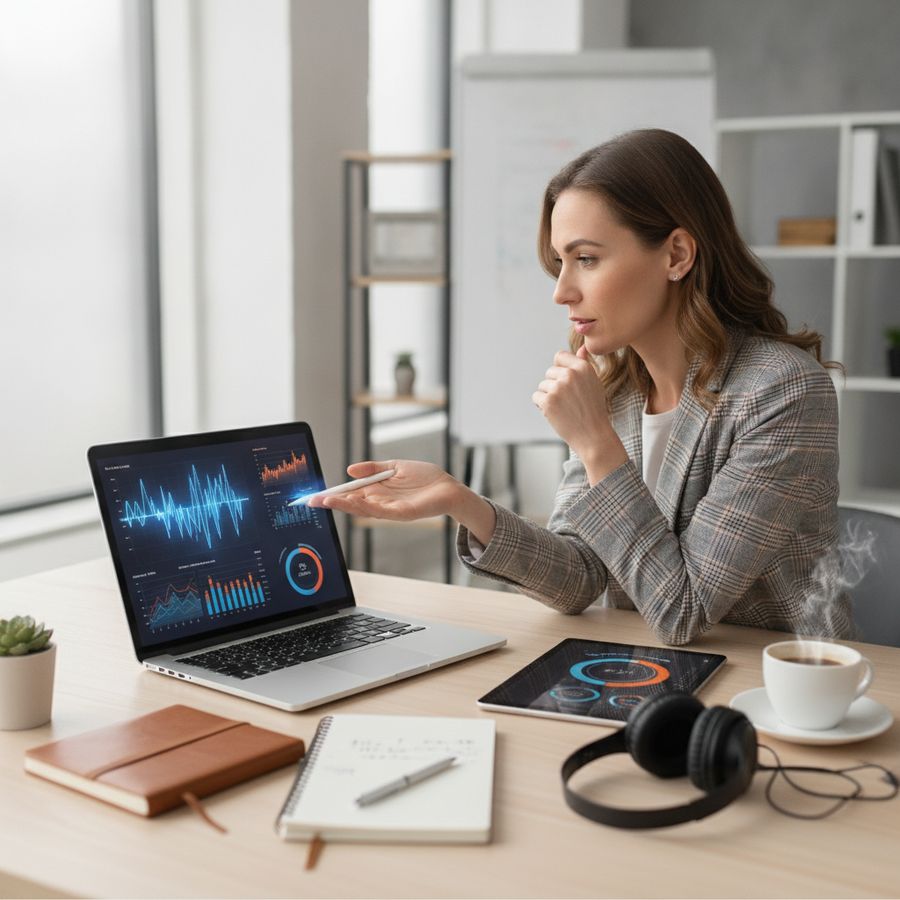 Consulente analizza dati audio su laptop con cuffie e tablet su una scrivania luminosa.