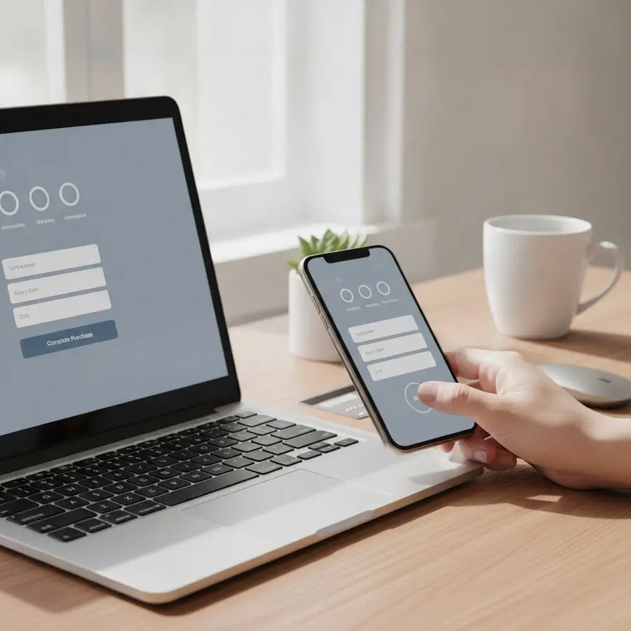 Hand completing a simple online purchase on phone and laptop at a clean, well-lit desk.