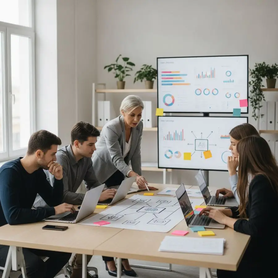 Consultant and team review campaign plans and analytics around a bright desk in a modern office.