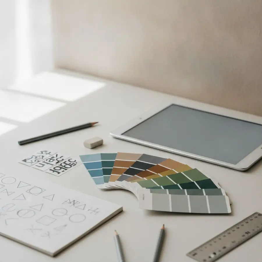 Scrivania ordinata con campioni colore, fogli tipografici e schizzi grafici in luce naturale.
