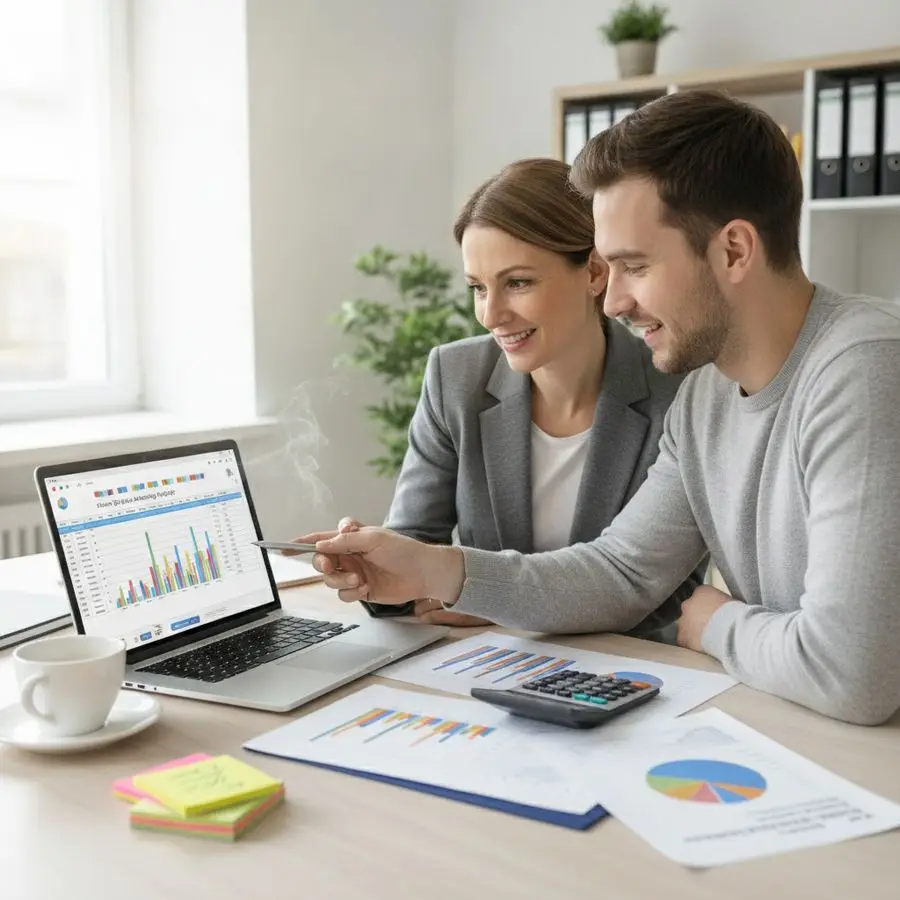 SME owner and consultant review charts and a laptop at a bright office desk.