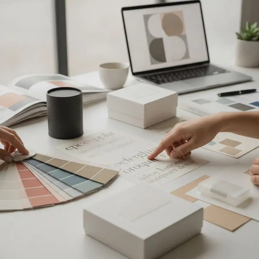 Hands choosing type samples and color swatches beside packaging mockups in a bright design workspace.