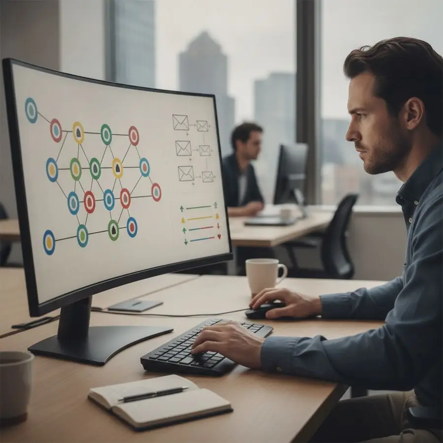 Marketer studies a campaign flow on a monitor, adjusting settings in a bright office workspace.