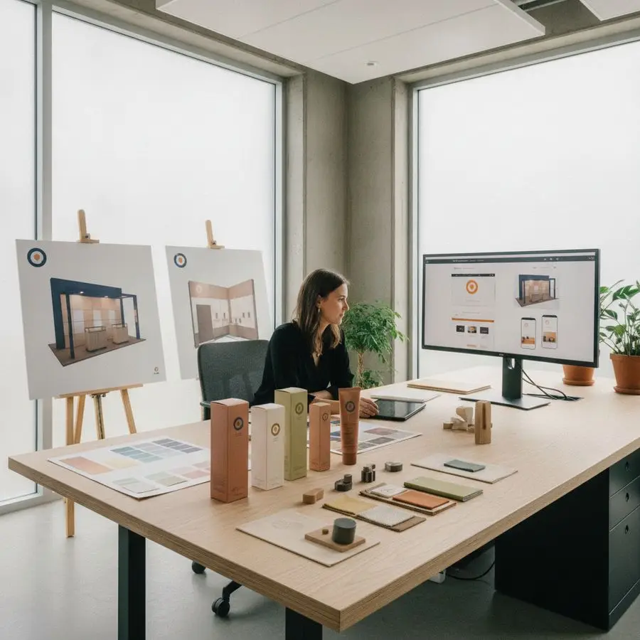Designer reviews packaging samples, stand visuals and website mockups in a bright studio.