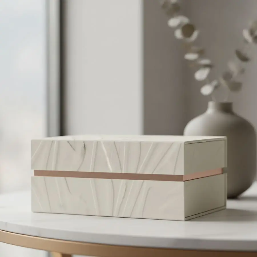 Premium boxes with refined textures and elegant finishes on a softly lit tabletop.