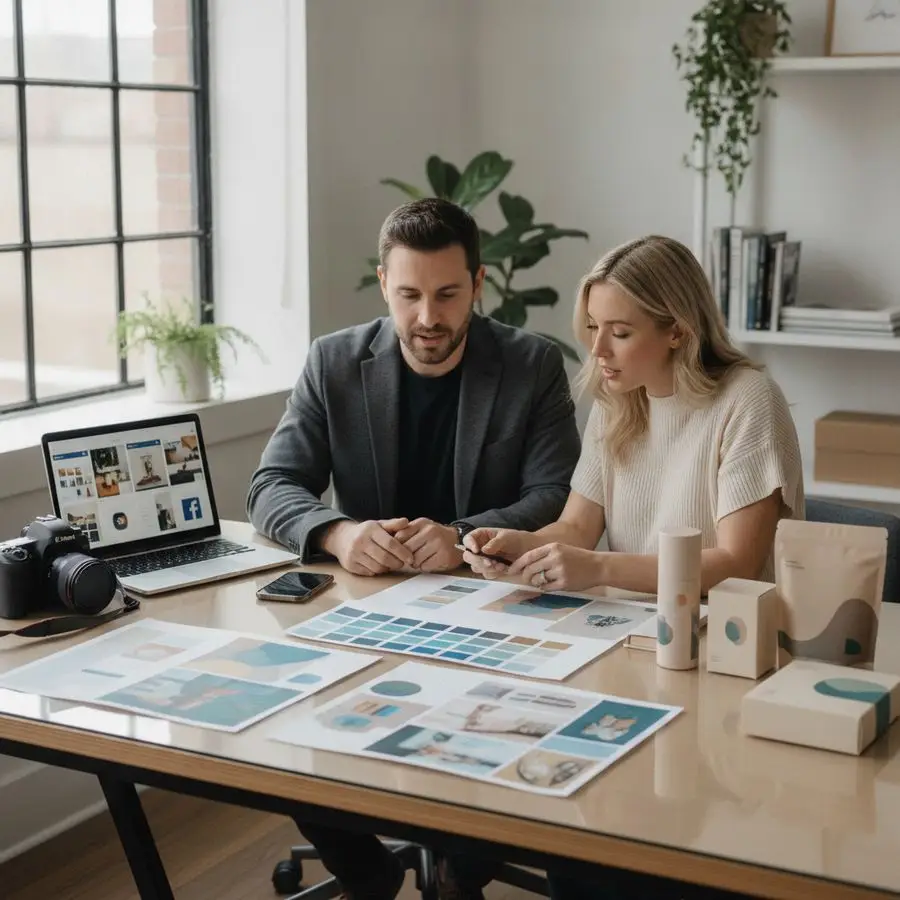 Consultant and business owner review branded visuals, devices, and printed materials in a bright studio.