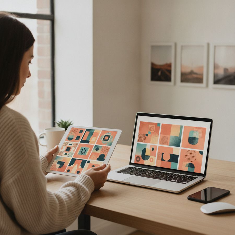 Coordinated social layouts appear on phone, tablet, and laptop beside colour samples on a tidy desk.