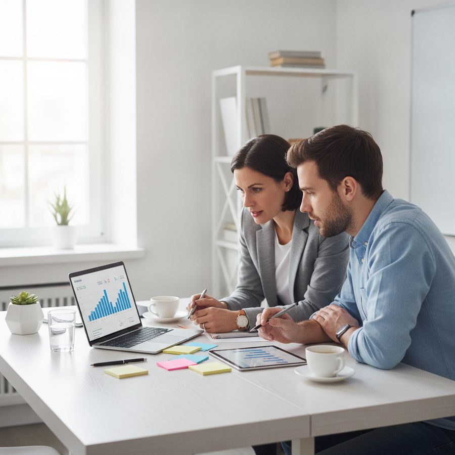 Two professionals review ad results on a laptop in a bright small office with notes and coffee mugs.