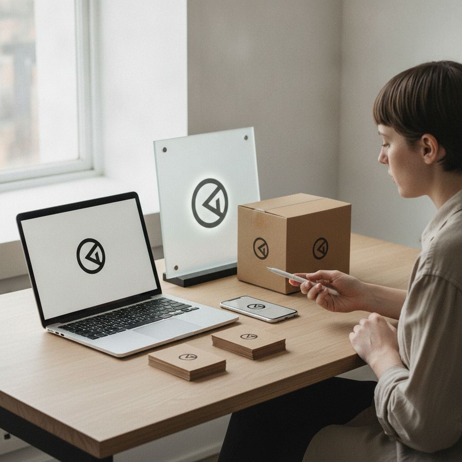 Designer al desk confronta icone, packaging e mockup di insegna in uno studio luminoso.
