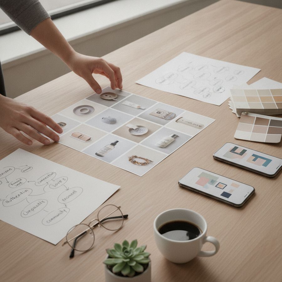 A marketer arranges product photos and phone mockups on a bright desk in a clean studio.