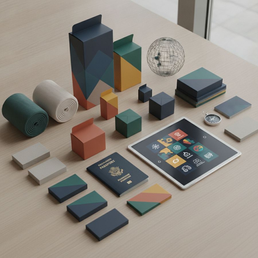 Global branding materials and color swatches arranged beside a tablet in a bright workspace.