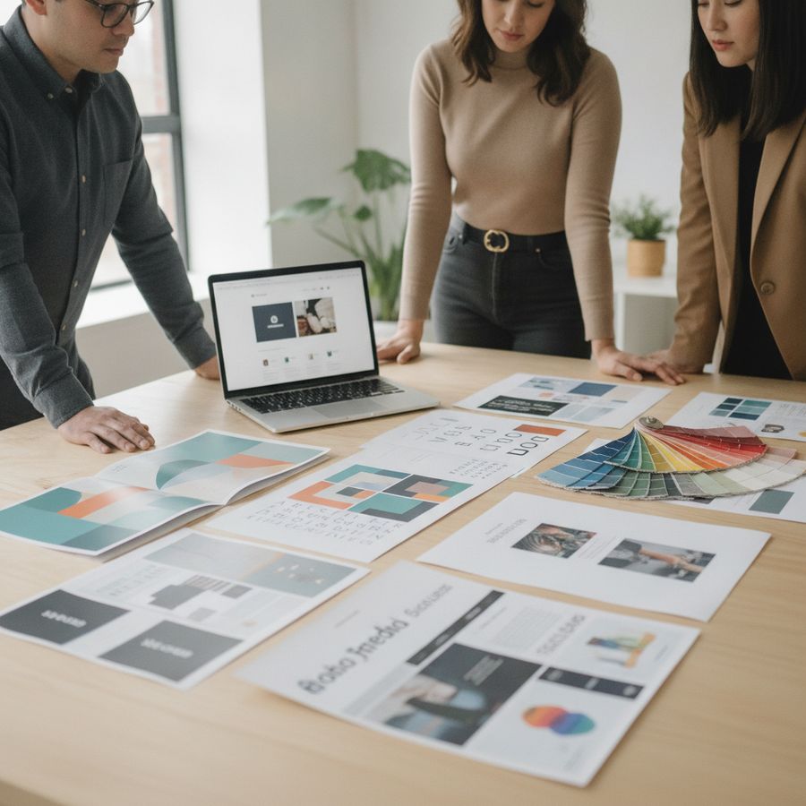 Team reviews brochures and digital mockups at a bright desk with color samples and a laptop.