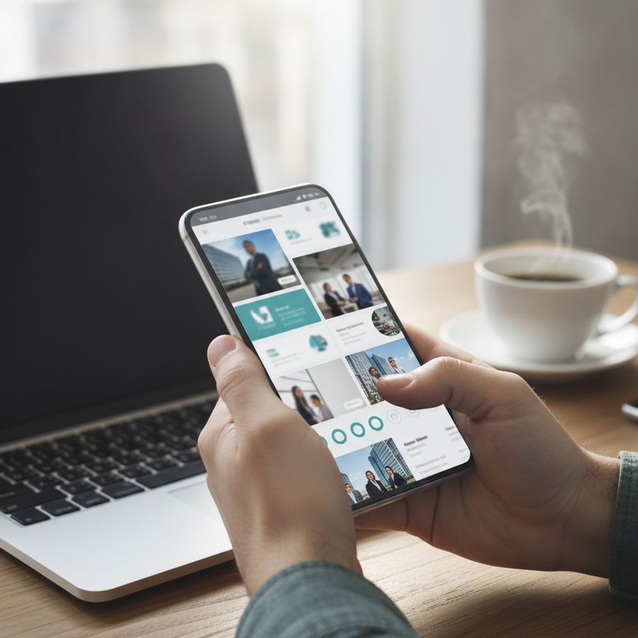 Person browsing a business website on a smartphone at a desk with a laptop and coffee nearby.