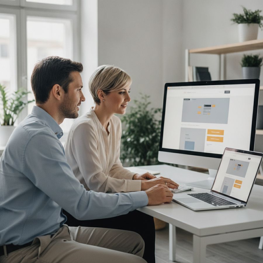 Consultant and business owner review a website layout on screens in a bright modern office.