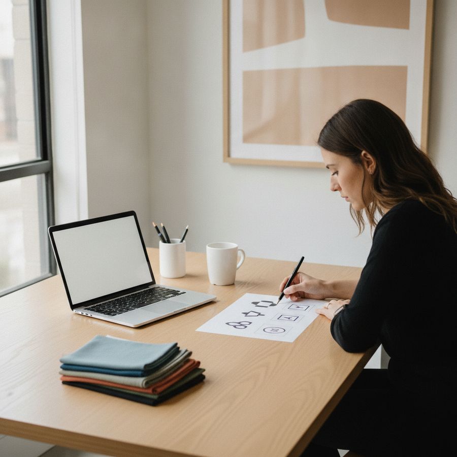 Designer reviews simple logo sketches at a bright desk with a laptop and color swatches.