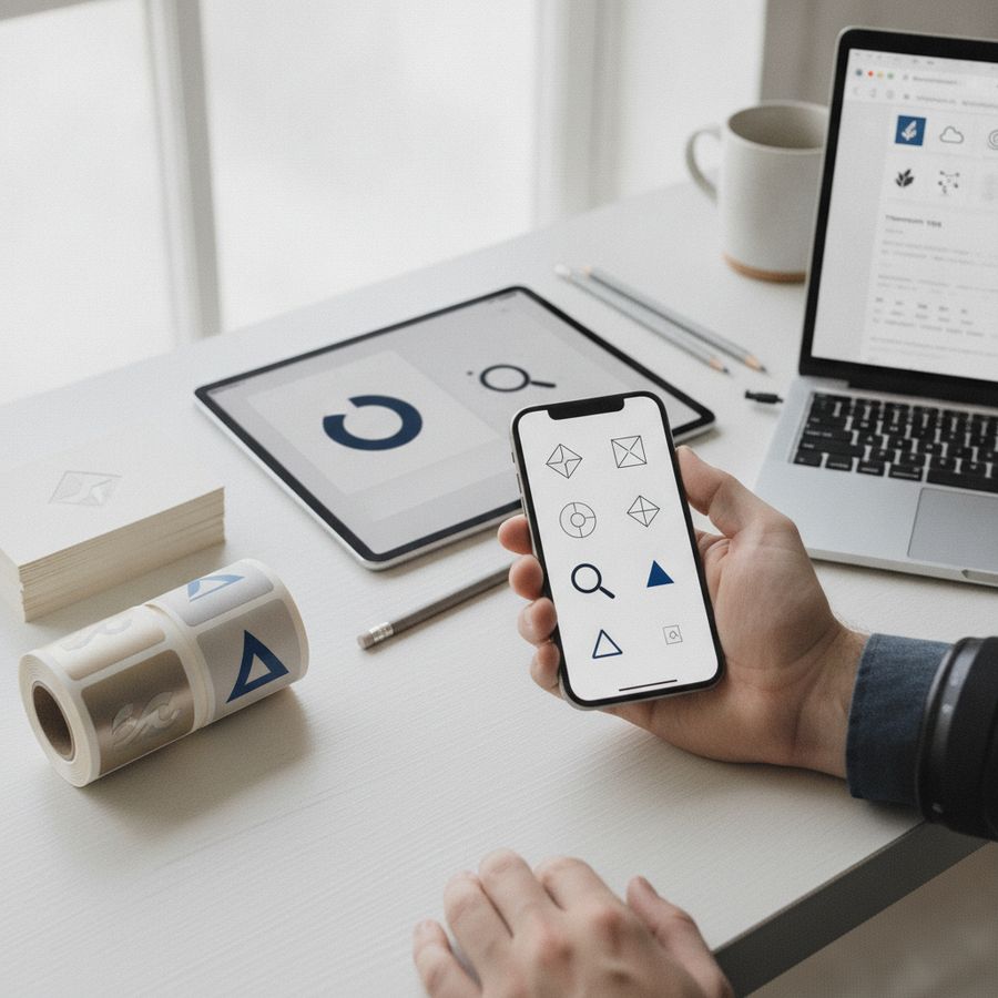 Workspace con smartphone, tablet e supporti stampati usati per verificare simboli in formato ridotto.