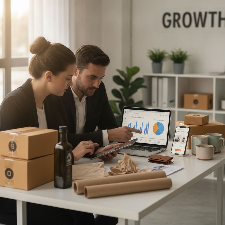 Consulente e titolare osservano dati di vendita su laptop in un ufficio luminoso con prodotti e pacchi.
