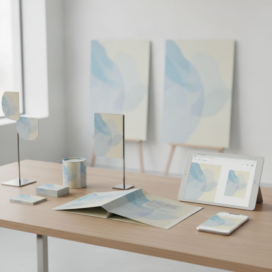 Coordinated print materials and device screens share matching colors and style on a bright table.